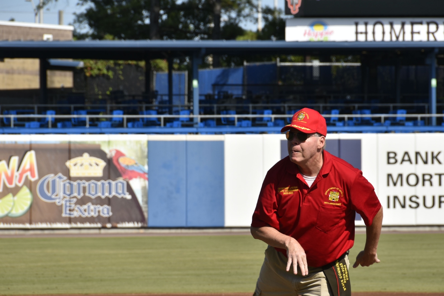 Geoffrey Lyster VFW Commander State throwing first pitch, Harbor Park celebrating VFW day at the ballpark.